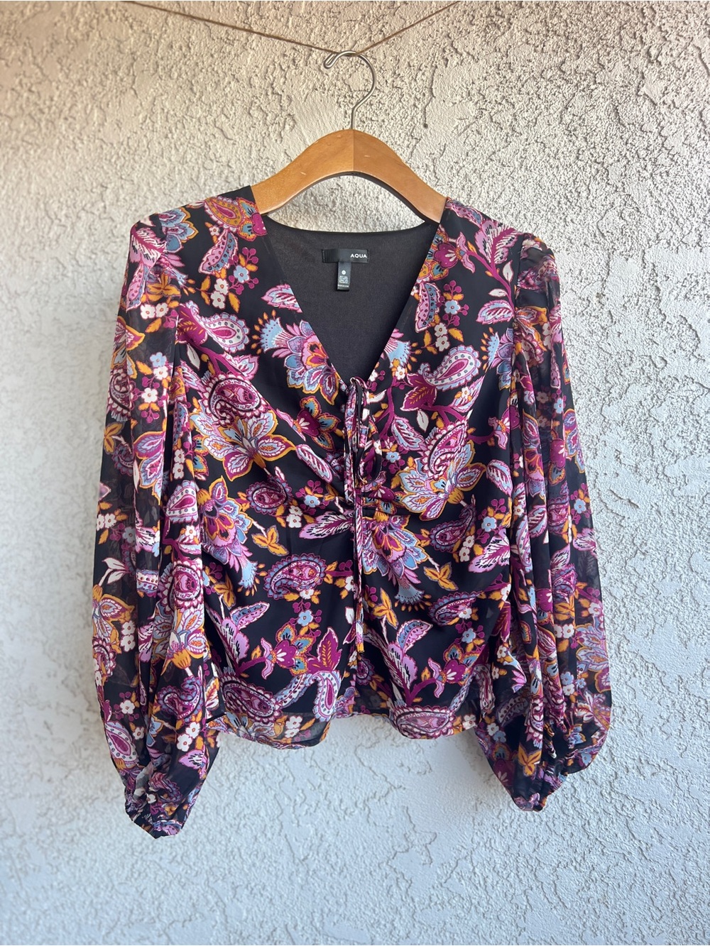 Aqua Black Blouse with Pink, Purple and Gold Floral and Paisley Print